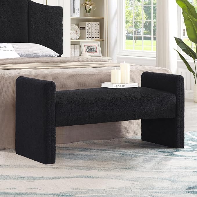 24KF Modern Upholstered Bed Bench Covered with Soft Boucle Teddy Fabric, Lovely Entryway Bench Ottoman with Armrest, 5062-Black by WEMARTHOMEDECOR