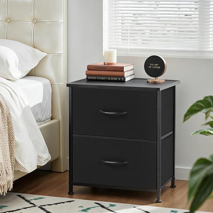 Nightstand Upgraded, Small 2 Drawer Dresser End Table Bedside Furniture, Wooden Top Fabric Bins for Bedroom, Closet, Entryway, Dorm, 11.8" D x 18" W x 20", Charcoal Black - Image 2