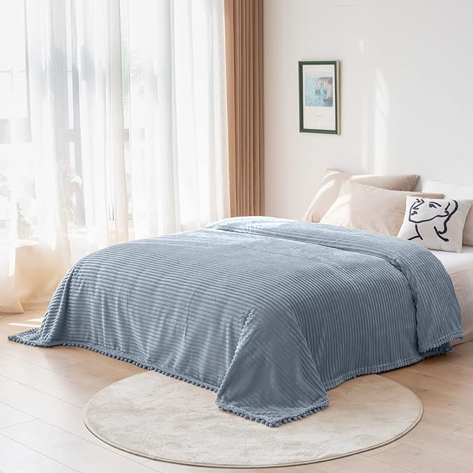 DISSA Fleece Blanket Throw Size ?€? 51x63, Grey ?€? Soft, Plush, Fluffy, Fuzzy, Warm, Cozy ?€? Perfect Throw for Couch, Bed, Sofa - with Pompom Fringe - Flannel Blanket Throw Blanket