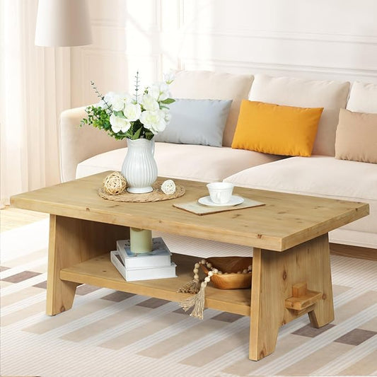 Farmhouse Wood Coffee Table - 43.4” Mid Century Modern Wooden Coffee Tables for Living Room, Solid Firwood Tabletop Rectangle Coffee Table, Center Table for Living Room, Natural Wood Color
