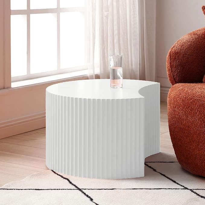 kevinplus 55.12'' White Round Nesting Coffee Table Set of 2, Modern Side End Table for Living Room, Contemporary Wood Circle Embossed Crescent Design, No Assembly, White
