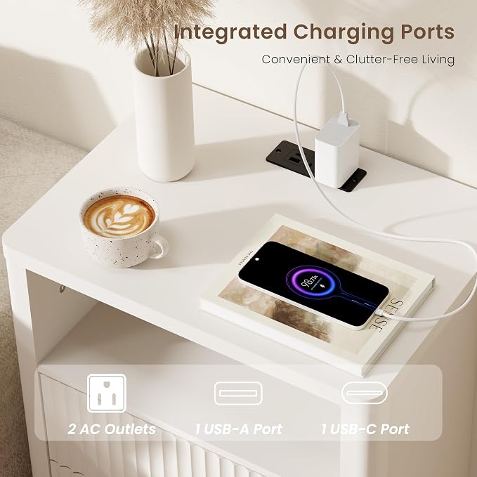 Nightstand with Charging Station, 21" Fluted Bedside Table with 2 Drawers & Open Shelf, Modern End Table with Storage for Bedroom, Alabaster White - Image 3