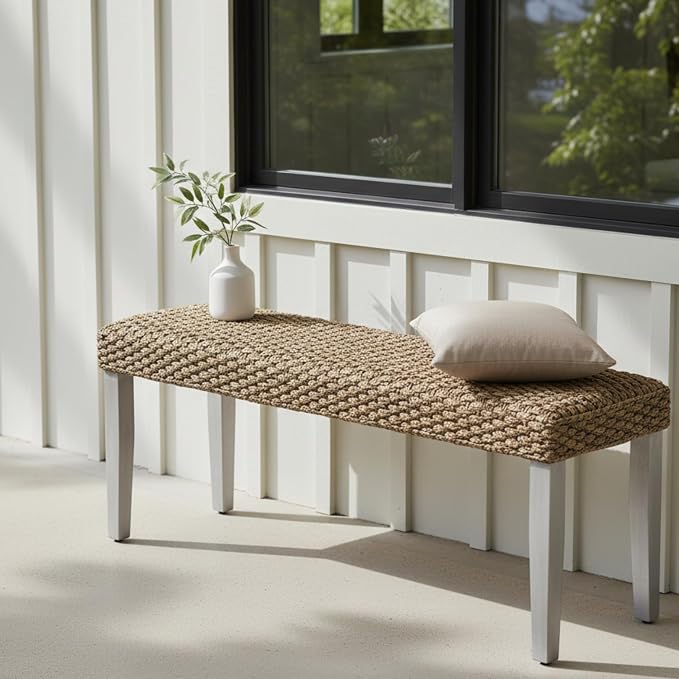 Solid Wood Acacia Indoor Bench with Natural Woven Water Hyacinth Seat, Wood Bench for Living Room or Entryway, Vintage Bench, Fishbone Style, Plait Style with Grey Leg - Image 3