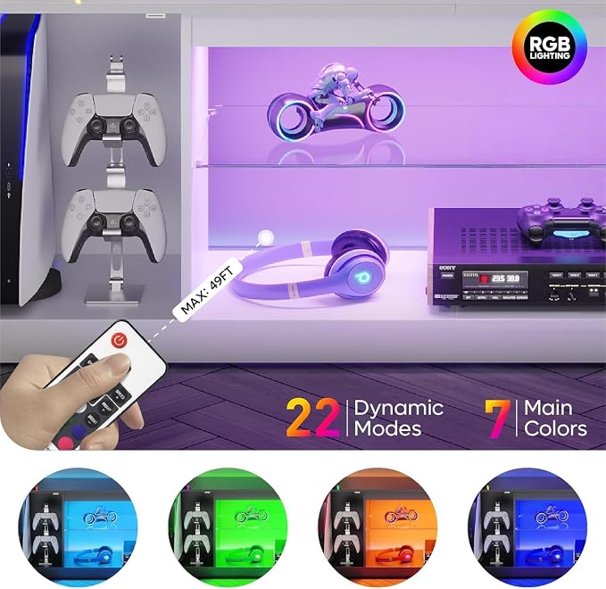 Bestier Glossy Fluted TV Stand for 65 Inch TV, Gaming LED Entertainment Center with Cabinet for PS5 Xbox, TV Console with Adjustable Glass Shelves for Living Room Bedroom, Bright White - Image 5