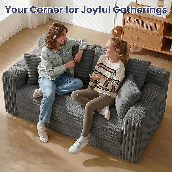 3-in-1 Convertible Sofa Bed: Boneless Loveseat Sleeper & Folding Couch Bed with 4 Pillows & Detachable Cushion, Furry Futon Couch for Bedroom, Apartment, Office and Living Room, No Assembly, Grey