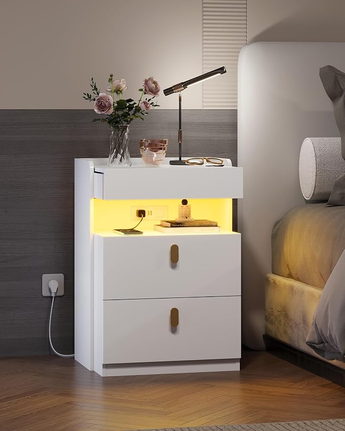 WLIVE White LED Nighstand Set of 2 with Charging Station, Night Stands Sets with Sliding Top, Bedside Tables with Drawers, End Table for Bedroom, Living Room, White - Image 3