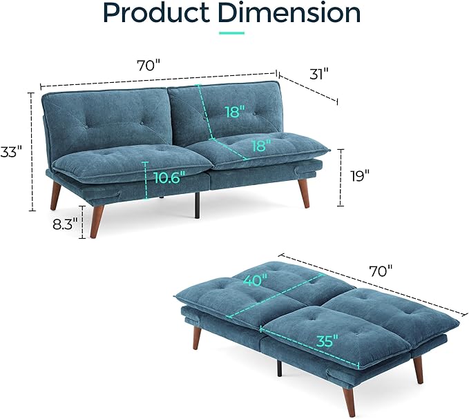 LINSY HOME Futon Sofa Bed, 70" Chenille Futon Couch with Adjustable Backrest Armrest, 3 in 1 Convertible Comfy Loveseat Sleeper Sofa Bed for Small Spaces Dorm Room Apartment Home Office, Blue