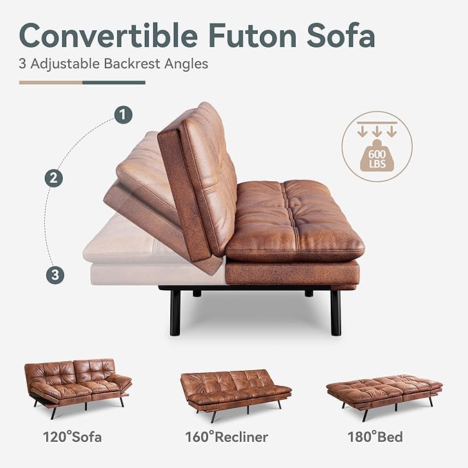 Futon Sofa Bed Convertible Couch, Brown Faux Leather Sofa Bed with Memory Foam, Adjustable Backrest & Armrests, Multifunctional Small Loveseat Sleeper Sofa for Living Room, Apartment, Office