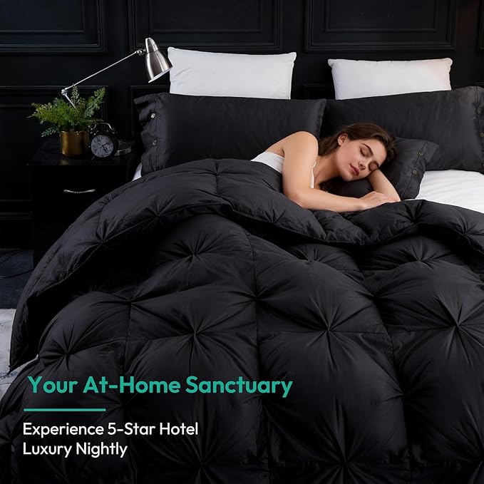 Three Geese Pinch Pleat Waterfowl Feathers and Down Comforter Cal King Size Duvet Insert,750+ Fill Power,1200TC 100% Cotton, Premium All Seasons Black-Gray Warm Hotel Comforter with 8 Tabs.