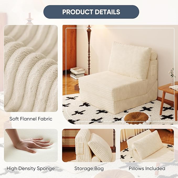 Folding Sofa Bed, Couch Beds with Pillow, 3 In 1 Convertible Sleeper Chair with Storage Bag, Memory Foam Foldable Mattress, Fold Out Chair Bed Morden Floor Sofa Lounge for Living Room Bedroom Guest