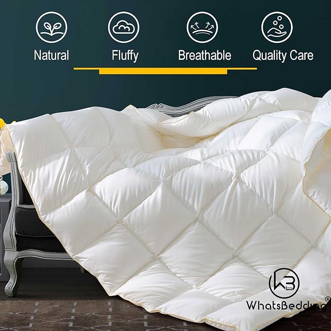 Puffy White Feather Comforter King Size, All Season Duvet Insert Feather Downfiber Filled, 100% Cotton Luxury Hotel Collection, 4 Corner Loops, Gold Piping
