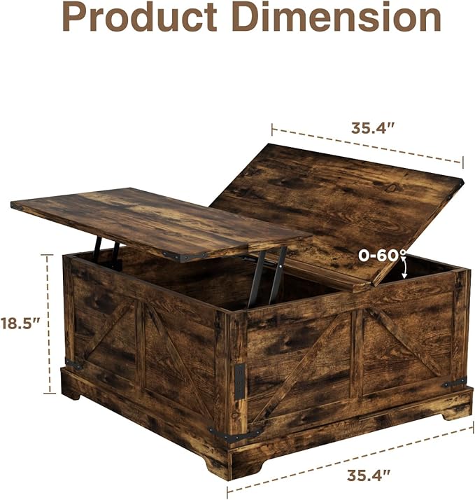 Coffee Table with Hidden Storage, 35.4" W Farmhouse Lift Top Wood Square Center Table with Charging Station, Rustic Cocktail Tables with Flip Top Lids for Living Room, Home Office, Rustic Brown
