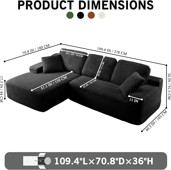 109.4” Modular Sectional Sofa, Convertible Sofa Bed, No Assembly Required Cloud Couch with Deep Seat, Modern L-Shaped Boneless Sofa for Living Room (Black)