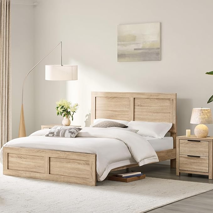 KISLOT 3 Pieces Bedroom Set, Wood Bed Frame with Upholstered Headboard & 2 Nightstands with Storage, Wooden Platform Mattress Foundation Farmhouse Bedroom Furniture Set