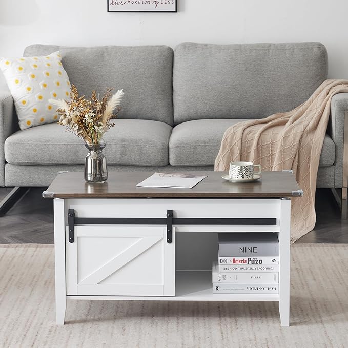 VINGLI Farmhouse Lift Top Coffee Table, Rustic Grey with Storage Shelf/Hidden Compartment, Mesa De Centro para Sala, Rustic Brown (White Oak, 36" L)
