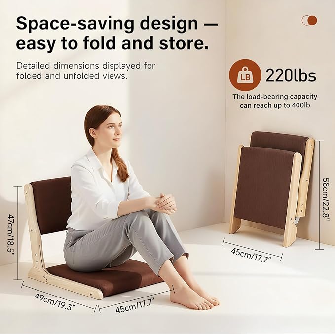 Tiita Floor Chair with Back Support, Foldable Meditation Tatami Chairs, Backrest Chair with Cushion, Living Room Chair Seat 4 Pack, Wood Brown