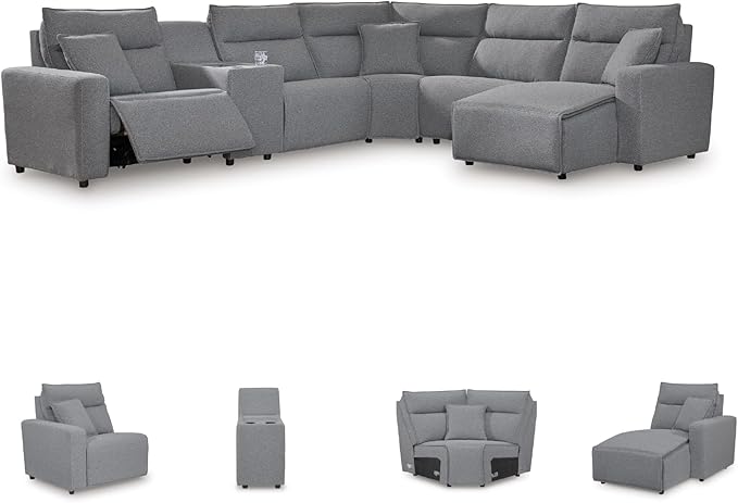 Signature Design by Ashley Modern ModMax II Stain Resistant U-Shape Left-Arm Facing 6-Piece Power Reclining Sectional with Chaise and Adjustable Headrest, Gray