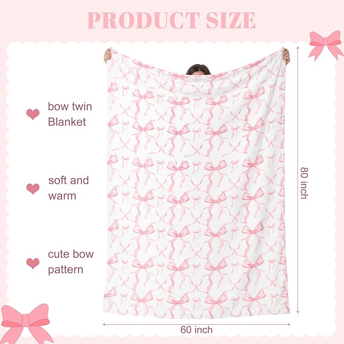 Buryeah Pink Bow Throw Blanket 60"x80" Ultra Soft Flannel Coquette Aesthetic Blanket for Girls Women Preppy Room Decor for Bed Sofa Spring Wedding Mother's Day Graduation Back to School Gift