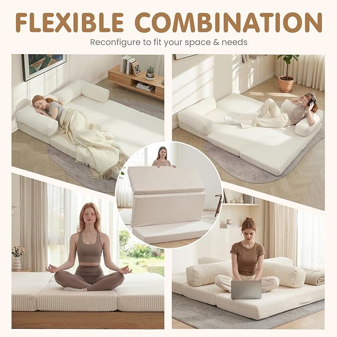 Folding Sofa Bed, Convertible Sleeper Chair with Pilow Foldable Matress, 2 in 1 Pull Out Loveseat Sofa Portable Fold Out Chair Bed Floor Couch Lounge for Living Room (Beige, Queen-82"L x 60"W)