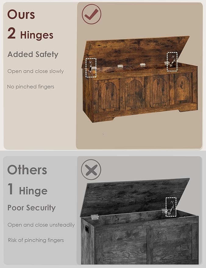 DINZI LVJ Storage Chest, 47.2”Wooden Storage Box with 2 Safety Hinges, Entryway Shoe Bench with Flip-Top, Large Trunk for Living Room, Bedroom, Easy Assembly, Rustic Brown - Image 5