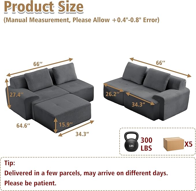 KIGOTY Modular Sectional Sofa Set, 5 PCS Comfy Cloud Sectional Couch with Deep Seat, Sleeper Sofa Bed with Ottoman, Modern Boneless Couch for Living Room, No Assembly Required,Grey