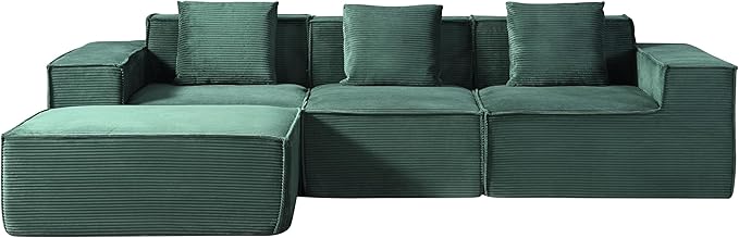 Rowan Convertible Corduroy Sectional Couch with Ottoman & Pillows, Modular L Shaped Sleeper Sofa, Boneless Cloud Couch for Living Room Furniture, Dark Green