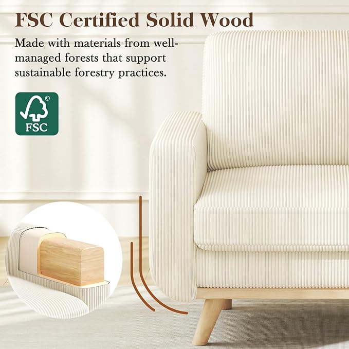 38.5" Beige Corduroy Accent Chair, Comfy Deep Seat Armchair with Spring Cushion, Modern Reading Sofa for Living Room Bedroom