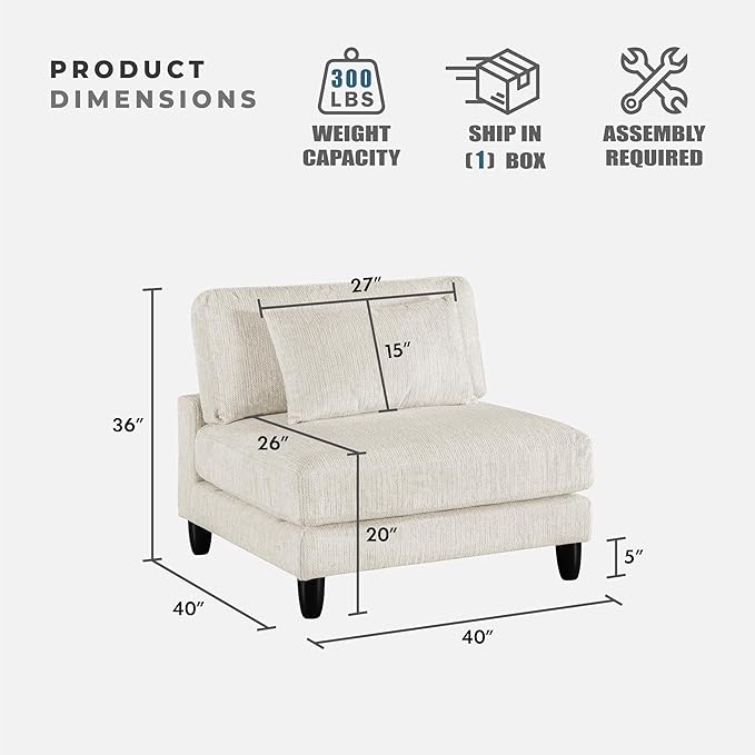 Lexicon Modular Sectional Sofa for Living Room, Microfiber Upholstery Armless Chair with Pillow, Units of Modular Sectional Couch, Upholstered Chair for Customizable Sectional Sofa Couch, Beige