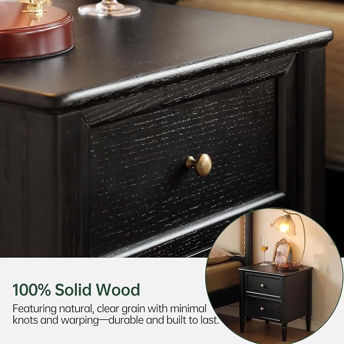 YESWOOD 100% Solid Wood Nightstand, Oak Night Stand with 2 Drawers, Farmhouse Nightstands, Mid-Century Modern Nightstand, Small Bedside Table for Bedroom, 19.69" H, Black - Image 6