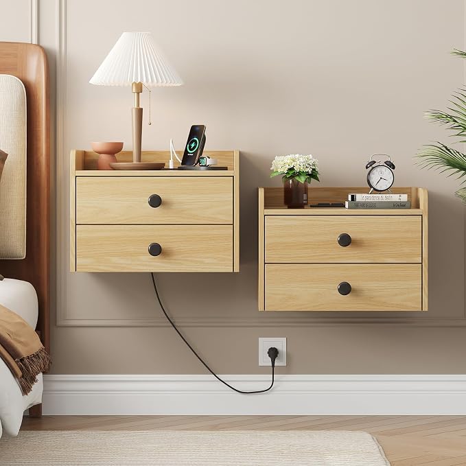 Floating Nightstand Set of 2 with 2 Storage Drawers and Charging Station Wood Wall Mounted Bedside End Table Modern Night Stands Set 2 for Bedroom,Small Space,Natural - Image 8
