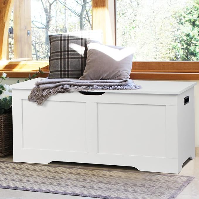 Timberer 39.4" Storage Chest, Wooden Storage Bench, Lift Top Toy Chest with 2 Safety Hinges, Large Toy Box, Entryway Bench for Living Room, Bedroom, White - Image 9