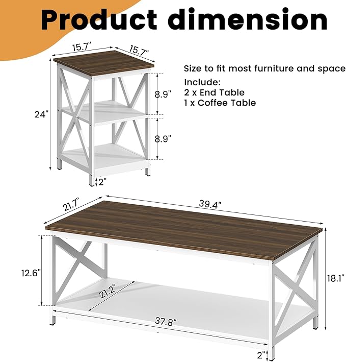 Bigbiglife Living Room Coffee Table Set of 3, Industrial X-Design Coffee Table and 2 End Side Tables, 3 Piece Living Room Table Set with Large Storage for Apartment Home (White+Walnut Brown)