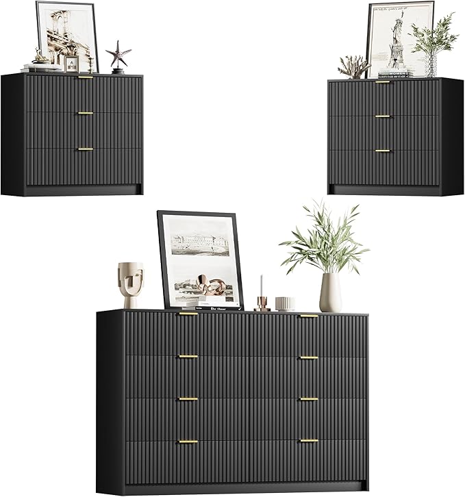 Furniway Black Dresser Bedroom Set 3 Pieces, Nightstands Sets of 2, 8 Drawer Dresser with Gold Handles for Bedroom