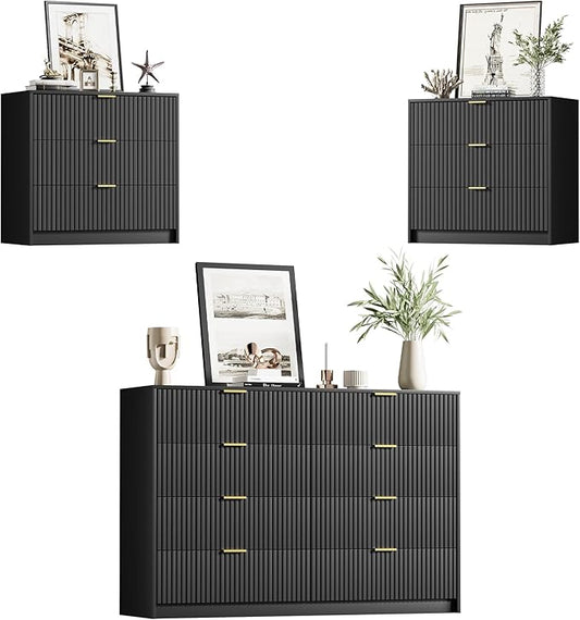 Furniway Black Dresser Bedroom Set 3 Pieces, Nightstands Sets of 2, 8 Drawer Dresser with Gold Handles for Bedroom