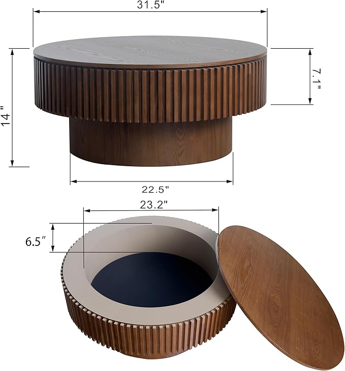 31.5'' Round Coffee Table with Storage, Modern Luxury Circle Drum Center Tables with Solid Wood Veneered, Accent Side Coffee Table for Living Room, Bedroom, Apartment-Walnut
