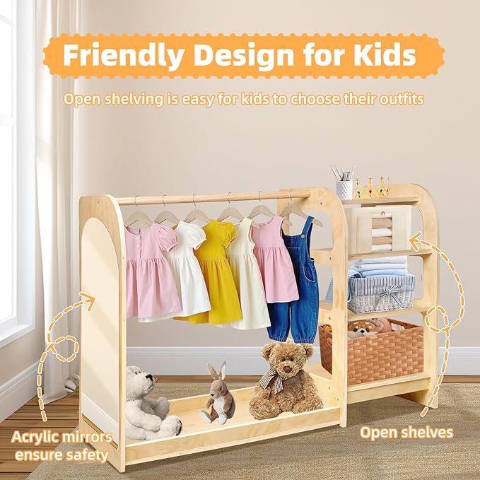 homegroove Kids Dress Up Storage with Mirror, 31.5 Inch Kids Wardrobe Closet with Storage Shelf for Little Girls and Boys, Wooden Costume Organizer for Bedroom Classroom Playroom Furniture