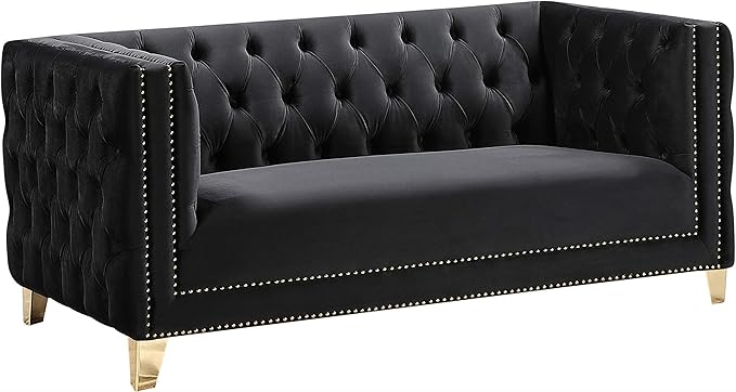 Meridian Furniture 652Black-L Michelle Collection Modern | Contemporary Loveseat with Deep Button Tufting, Gold Nailhead Trim and Sturdy Gold Iron Legs, Black Velvet, 66" W x 34" D x 30" H