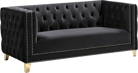 Meridian Furniture 652Black-L Michelle Collection Modern | Contemporary Loveseat with Deep Button Tufting, Gold Nailhead Trim and Sturdy Gold Iron Legs, Black Velvet, 66" W x 34" D x 30" H