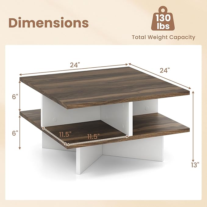 Giantex Square Coffee Table, Mid Century Modern Center Table with 4 Storage Compartments & Cross-Shape Base, 24 Inch Farmhouse Coffee Tables for Living Room (Walnut)