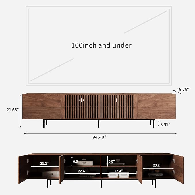 94.48" Mid-Century Modern TV Stand, Walnut Media Console with 4 Storage Cabinets, Entertainment Center for TVs up to 100 Inches, Ideal for Living Room or Bedroom - Image 2