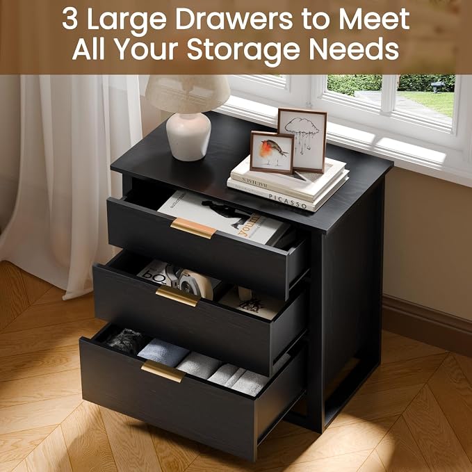 Rresyet 26 inch Wide Night Stand with Spacious Storage, 3 Drawer Nightstand, Wooden Side Table for Bedroom & Office (Black) - Image 4