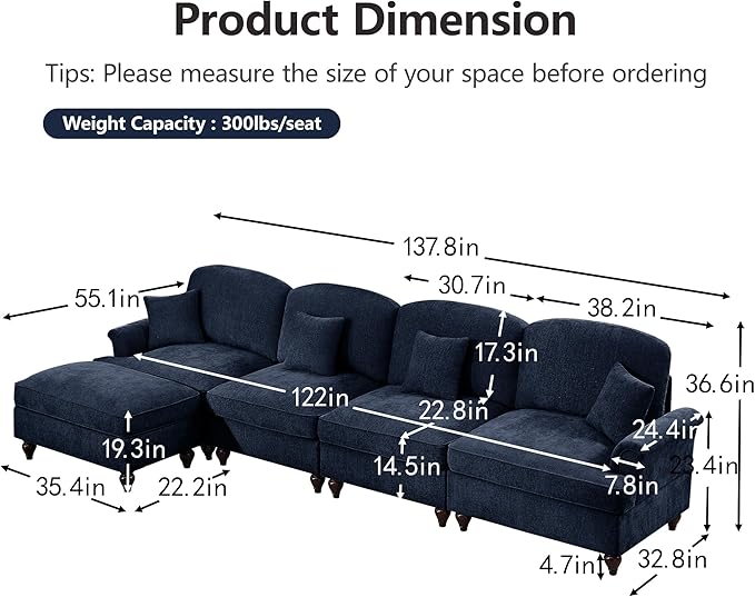 KEIKI Mid Century Modular Sofa with Flared Arms and Skirted Design, 137“ Oversized 4-Seater with Ottoman Luxury Chenille L-Shaped Sectional Couches for Living Room, Chaise Lounge Indoor, Blue