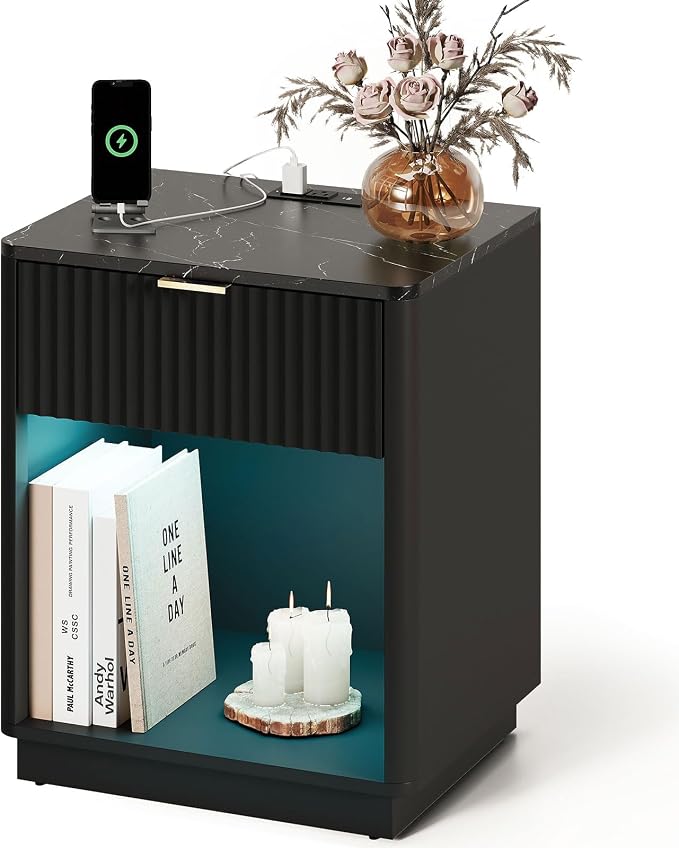 24” Tall Nightstand - Fluted Night Stand with Charging Station & LED Light Faux Marble Top Bedside Table with Curved Profile Design for Bedroom/ 1 Drawer, Black by TROJMHome