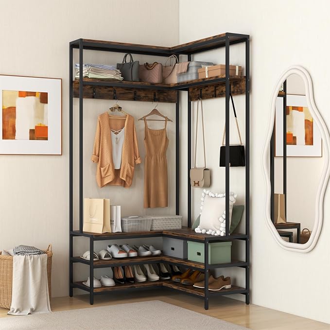Tangkula Corner Hall Tree, 70 Inch Coat Rack with Bench and Shoe Storage, Entryway Furniture with 7 Hooks, Heavy Duty Metal Frame, Space Saving Clothes Rack Shoes Shelf Organizer (Rustic Brown) - Image 3