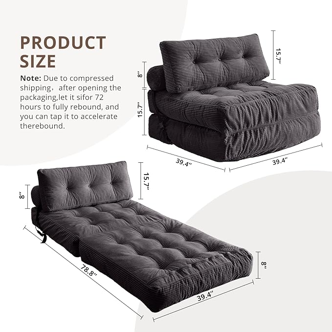 Folding Sofa Bed, Convertible Sleeper Chair with Pillow, Foldable Mattress with Back Support, Portable Floor Sofa Lounge for Living Room Bedroom Dorm