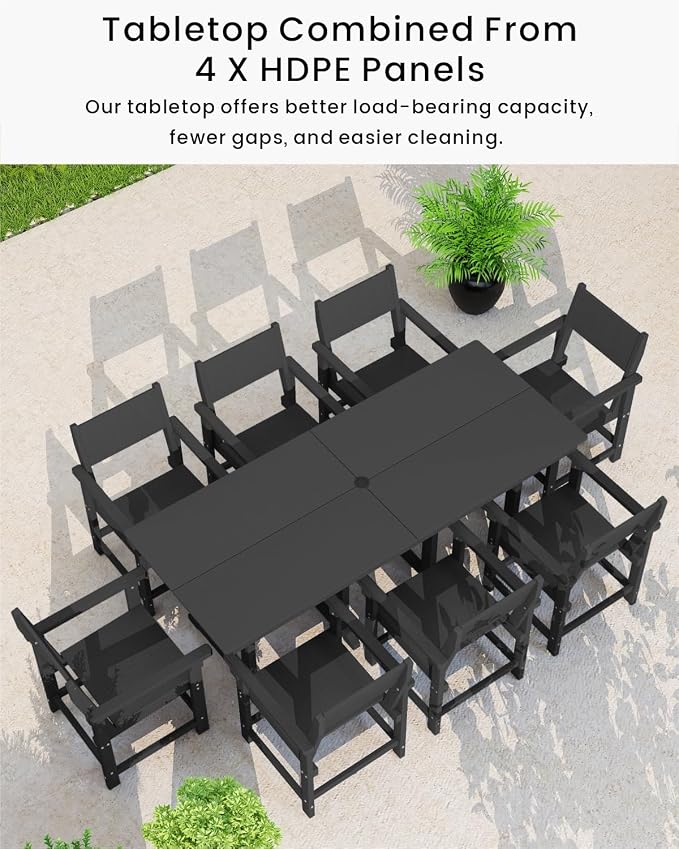 9-Piece Outdoor Dining Set, HDPE Weatherproof Patio Table and Chairs Set for 8, Outdoor Patio Furniture Sets with Umbrella Hole for Outside, Deck, Backyard, Garden (Black) - Image 5