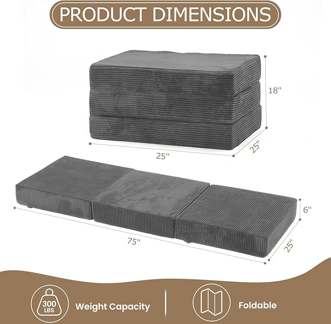 6-Inch Tri-Folding Mattress Single Size - Foldable Futon Sofa Bed with Removable Washable Cover, Folding Futon Mattress | Non-Slip Bottom & Carry Handles for Guest, Camping, Dorm