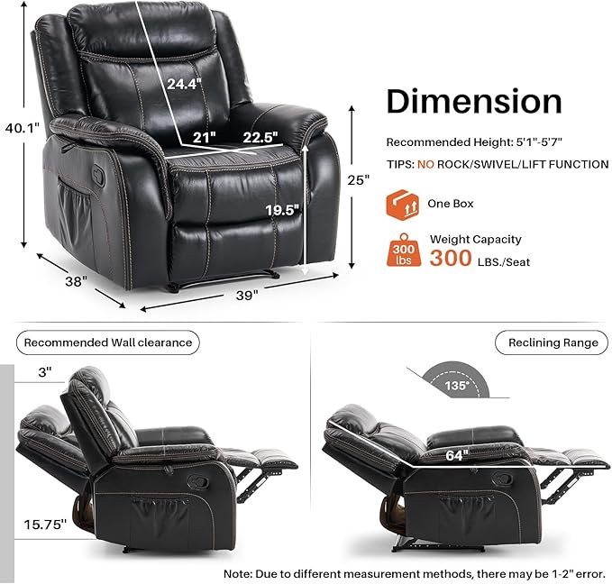 Massage Recliner Chair with Heat, Faux Leather Recliner Chairs for Adults, 39" Wide Manual Reclining Ergonomic Lounge Chair, Overstuffed Wall Hugger Recliners for Living Room, Black