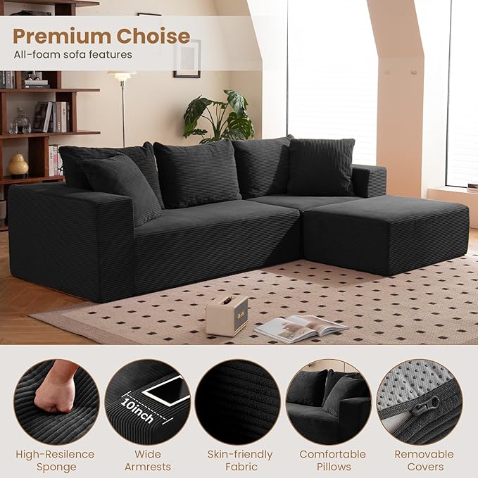 108" L-Shaped Boneless Couch, Modular Sectional Sofa with Moveable Ottoman, Corduroy Cloud Couches for Living Room, No Assembly, Ship in a Box, Black