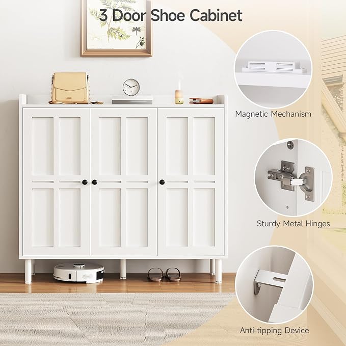 ONBRILL Shoe Cabinet with 3 Doors and Adjustable Shelves, 30 Pairs Shoe Storage Cabinet, 40 Inch Tall Farmhouse Shoe Rack Shoe Organizer Cabinet for Entryway Living Room Closet, White - Image 8